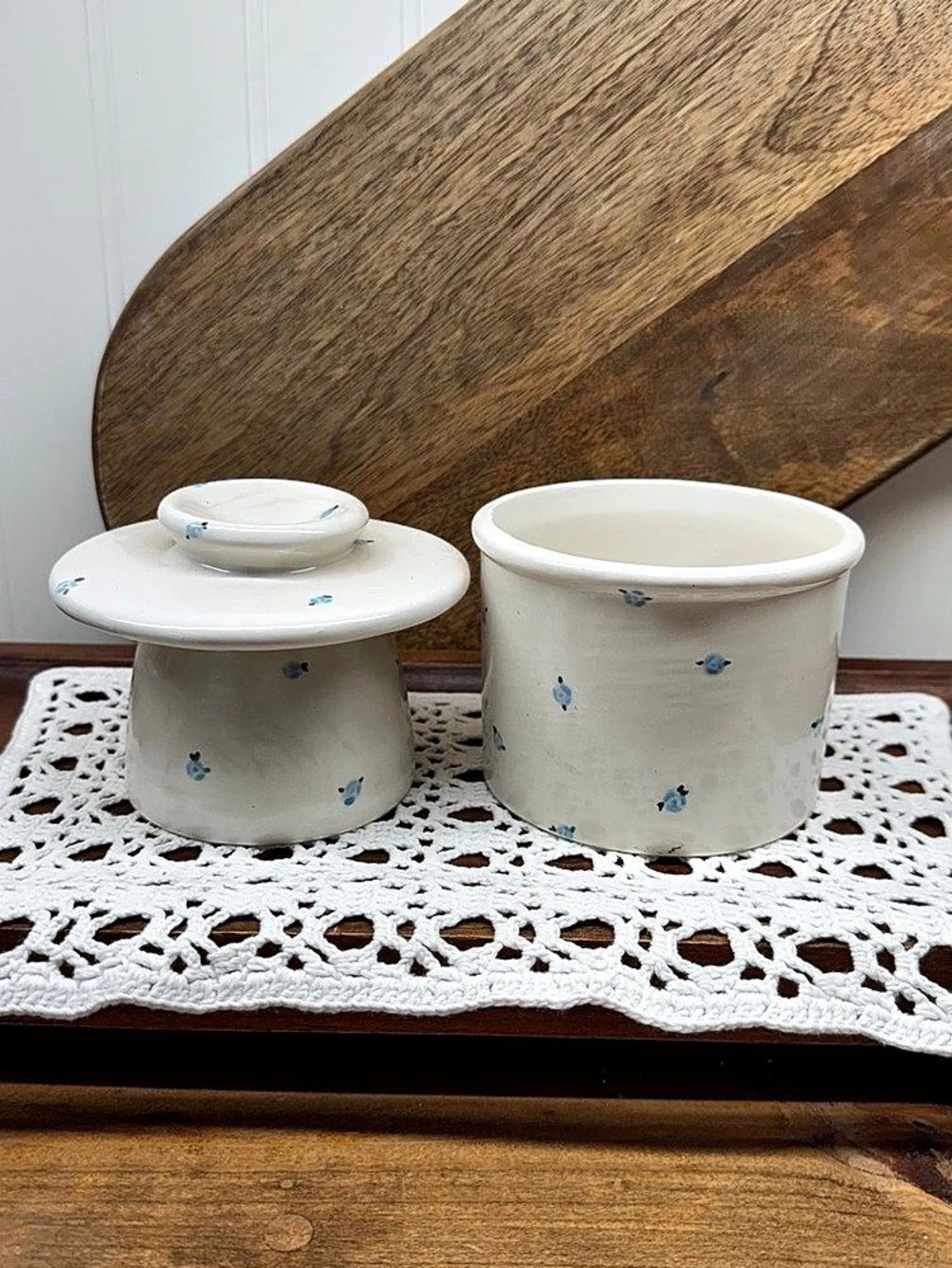 Vintage Hand Painted Butter Bell Blue Floral Butter Keeper